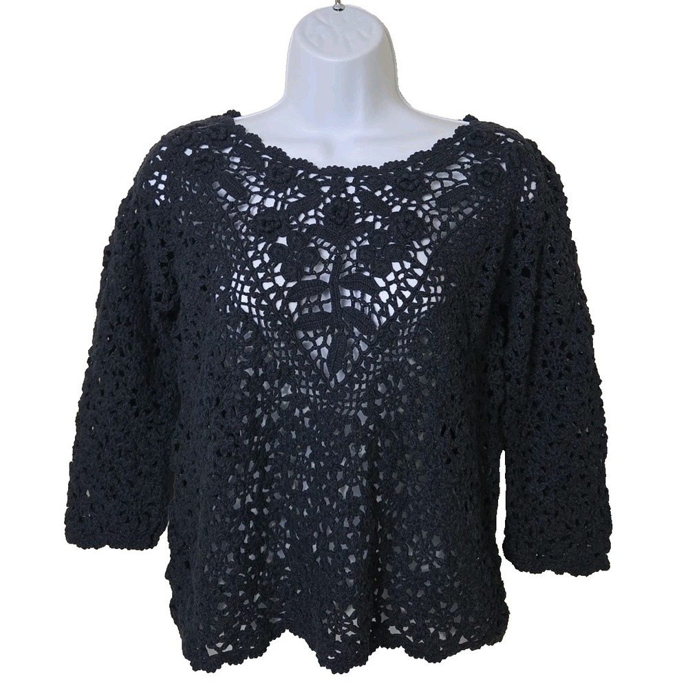 WRAP LONDON Crochet Sweater 100% Cotton Navy Blue Open Knit Floral US 6 UK 10